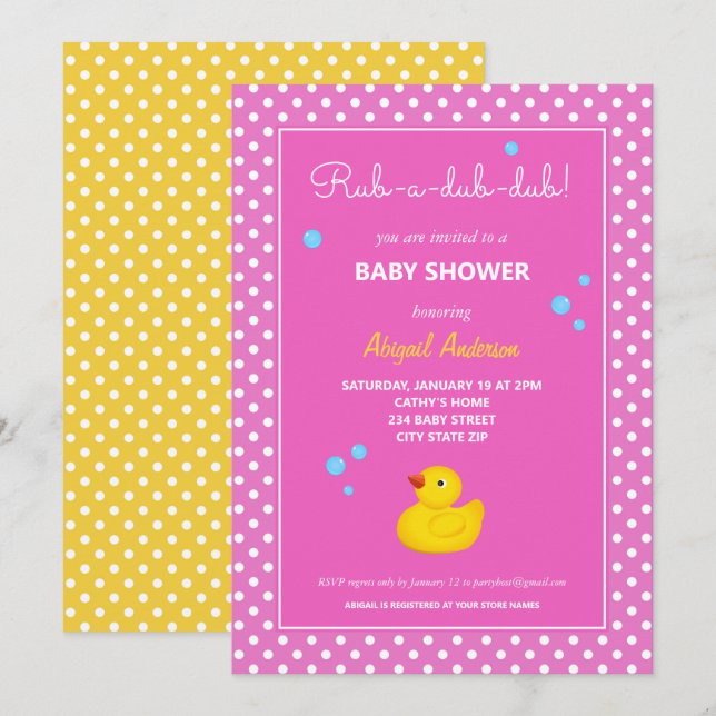 Gelbe und rosa Duck Polka Dots Babydusche Einladung (Vorne/Hinten)