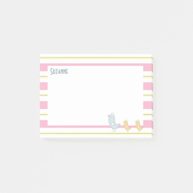 Gelbe und rosa Streifen mit Vögeln Post-it Klebezettel (Vorderseite)