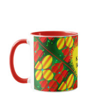 Gelbe und rote Blume mit grüner Tasse