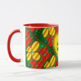 Gelbe und rote Blume mit grüner Tasse