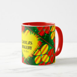 Gelbe und rote Blume mit grüner Tasse