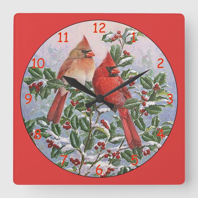 Gelbe und rote Kardinal in einem Baum Quadratische Wanduhr (Vorderseite)