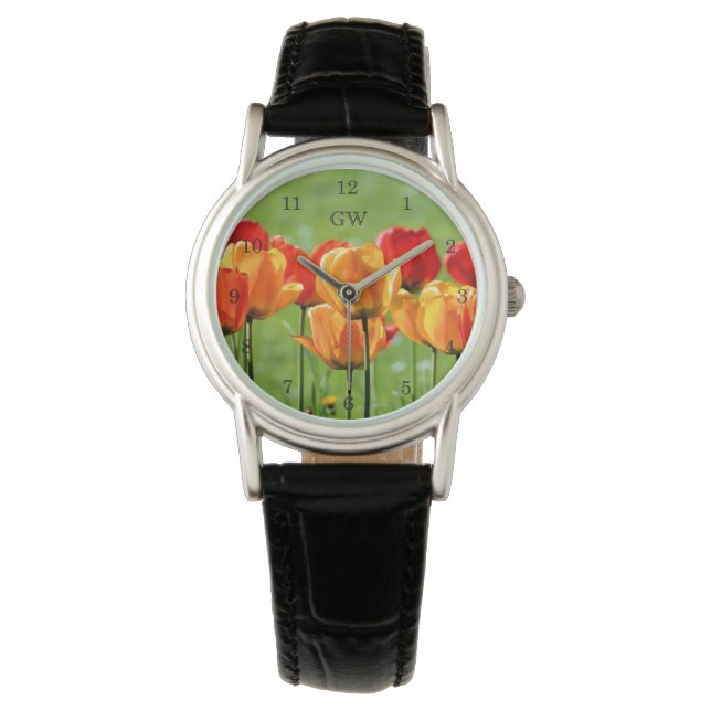 Gelbe und rote Tulissen Armbanduhr (Vorderseite)