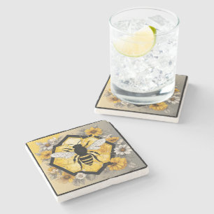 Gelbe und schwarze Biene auf Honeycombe  Steinuntersetzer