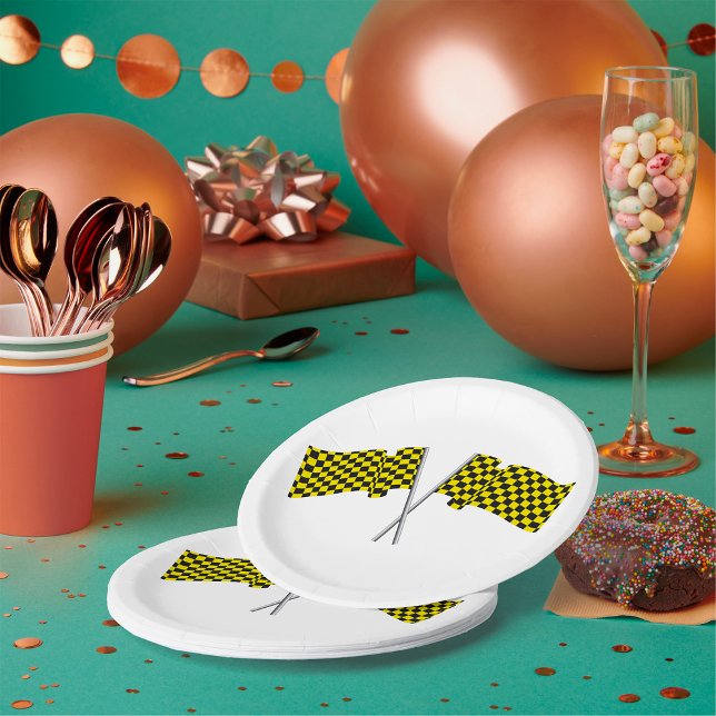 Gelbe und schwarze Racefahnen Pappteller (Von Creator hochgeladen)