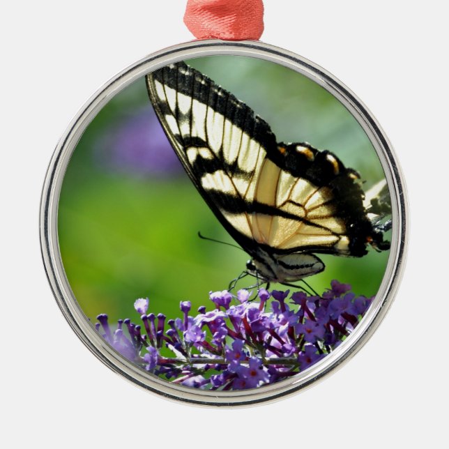 Gelbe und schwarze Schmetterlinge auf dem Lavendel Silbernes Ornament (Vorne)