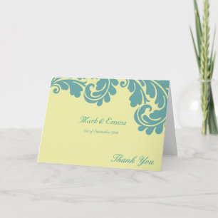 Gelbe und Türkis Damast Hochzeit Danke Karte