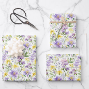 Gelbe und violette Blumen Botanische Schrift Geschenkpapier Set