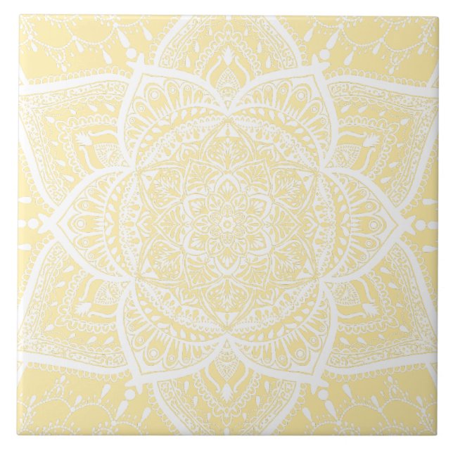 Gelbe und weiße Mandala - Loergann in der Magnolie Fliese (Vorderseite)