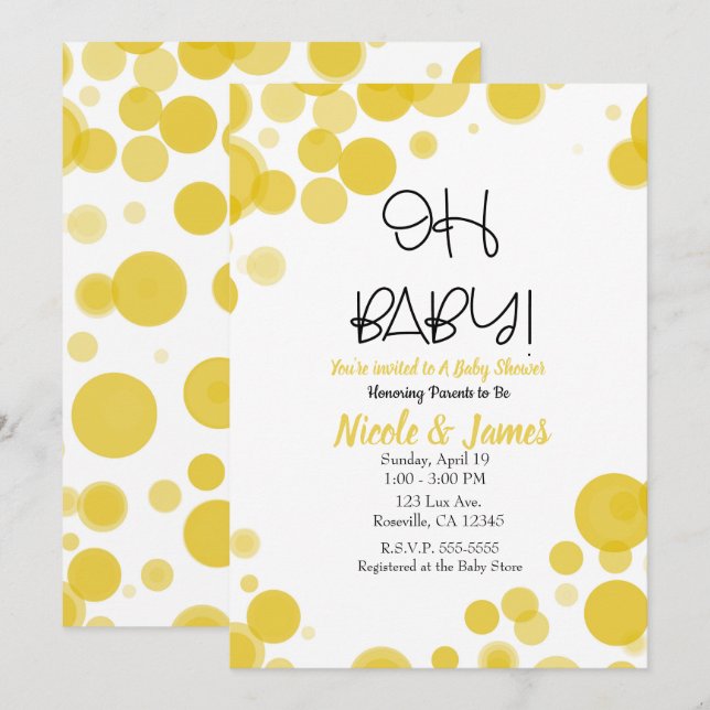 Gelbe und weiße Polka Dot Blasen OH BABY Dusche Einladung (Vorne/Hinten)