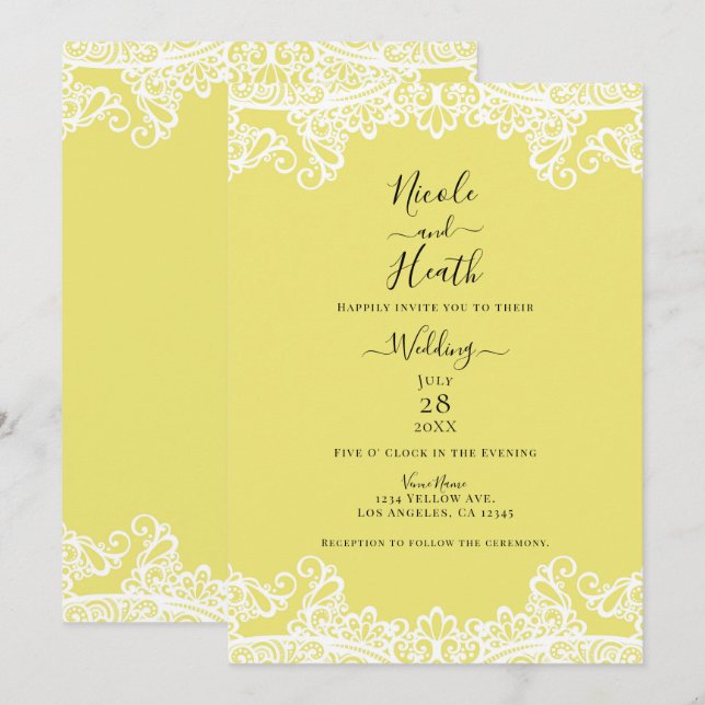 Gelbe und weiße Spitzen Elegante Hochzeit Einladung (Vorne/Hinten)