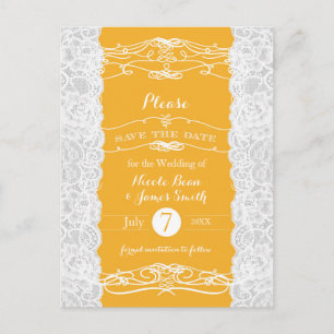 Gelbe und weiße Spitzen Elegante Hochzeit Save the Ankündigungspostkarte