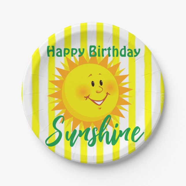 Gelbe und weiße Streifen Glücklich zum Geburtstag  Pappteller (Vorderseite)