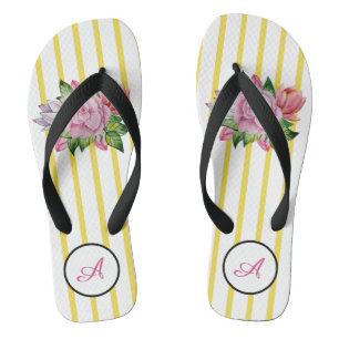 Gelbe und weiße Streifen mit rosa Rosen Flip Flops
