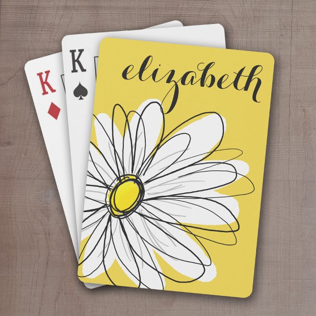 Gelbe und weiße weiße, weißliche Daisy mit benutze Spielkarten (Whimsical Daisy Drawing with a place to add your name - personalized playing cards)