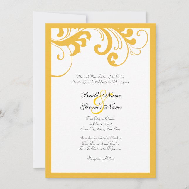 Gelbe und weiße Wirbel Rahmen Hochzeitseinladung Einladung (Vorderseite)