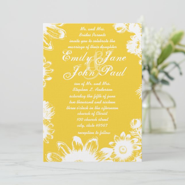 Gelbe Vintage Blume Hochzeiten Einladung (Stehend Vorderseite)