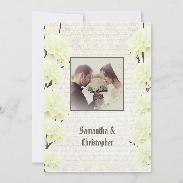 Gelbe Vintage Blumen Hochzeit Foto Einladung (Rückseite)