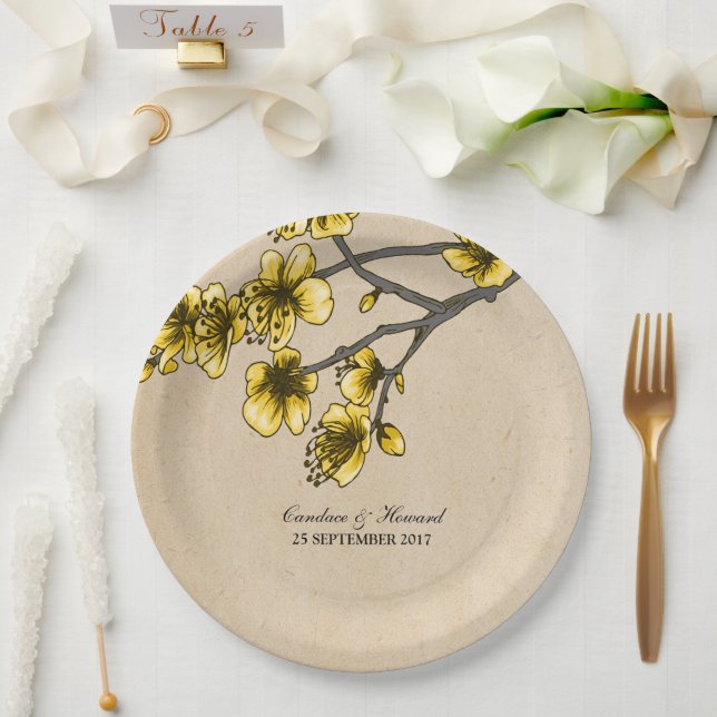 Gelbe Vintage Kirschblüten PapierTeller (Hochzeit)