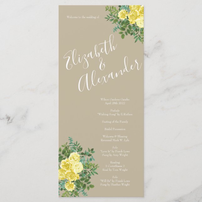 Gelbe Vintage Rose Elegante Hochzeit Menükarte (Vorderseite)