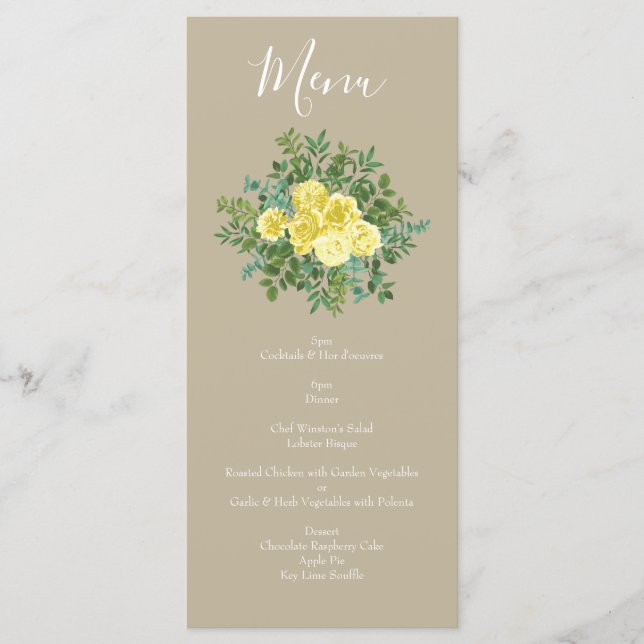 Gelbe Vintage Rose Elegante Hochzeit Menükarte (Vorderseite)