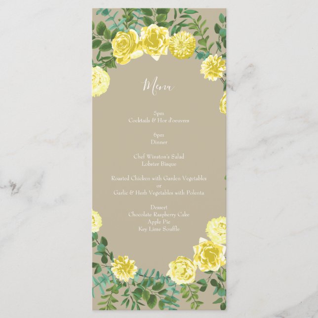 Gelbe Vintage Rose Elegante Hochzeit Menükarte (Vorderseite)