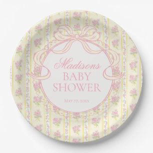 Gelbe Vintage-verschlungene Blumen-Baby-Party Pappteller