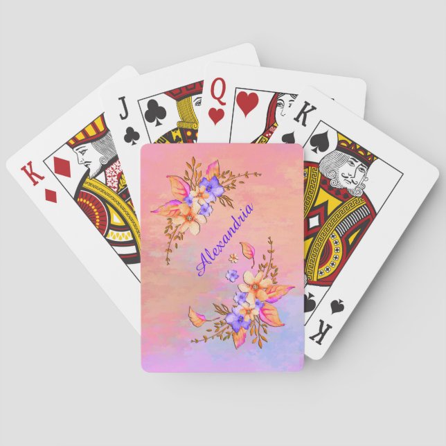 Gelbe violette Blumen Abstraktes Aquarellmuster Spielkarten (Rückseite)