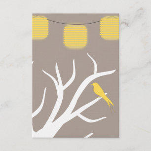 Gelbe Vögel in ein Baum und Papierlaternen UAWG RSVP Karte