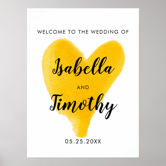 Gelbe Wasserfarbe Begrüßung Hochzeitsschrift Poster (Vorne)
