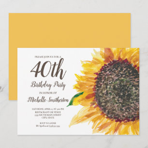 Gelbe Wasserfarbe Sonnenblume 40. Geburtstag Fraue Einladung