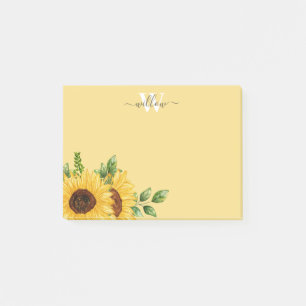Gelbe Wasserfarbe Sonnenblume mit Monogramm Post-it Klebezettel