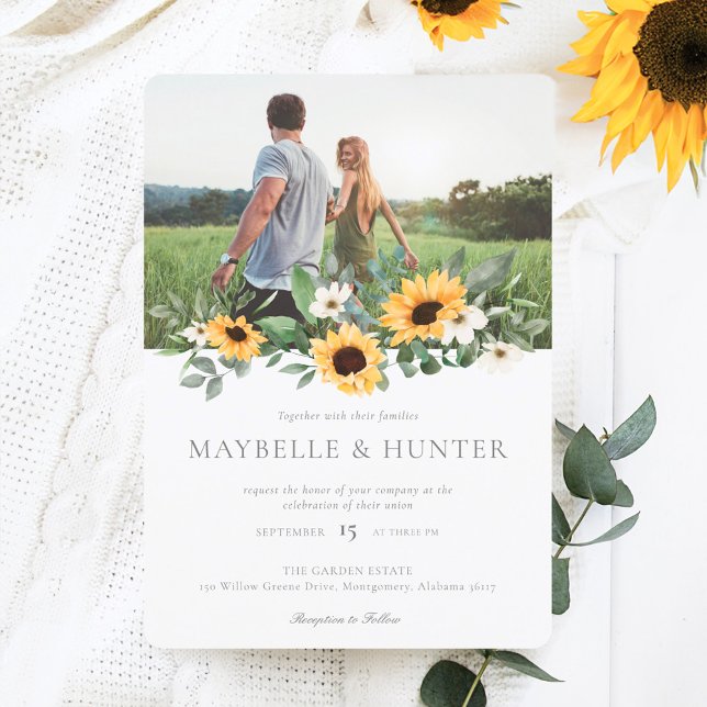Gelbe Wasserfarbe Sonnenblumen und Hochzeit von Wi Einladung (Yellow Watercolor Sunflowers & Wildflower Wedding Invitation)
