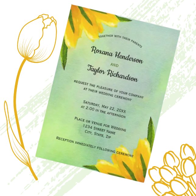 Gelbe Wasserfarbe Tulpen Grüne Kulisse Hochzeit Einladung (Von Creator hochgeladen)