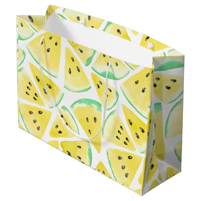 Gelbe Wassermelonen-Schnittmuster Große Geschenktüte (Rückseite Schrägansicht)