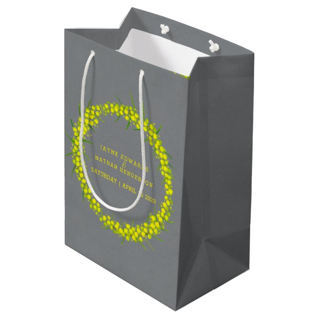 Gelbe Watschaka Graue Hochzeitsgeschenk Tasche Mittlere Geschenktüte (Rückseite Schrägansicht)