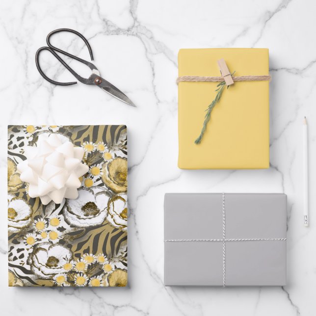 Gelbe, weiße Blume auf Tigerhintergrund Geschenkpapier Set (Vorderseite)