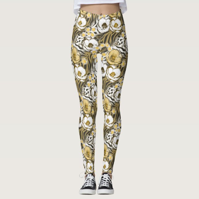 Gelbe, weiße Blume auf Tigerhintergrund Leggings (Vorderseite)