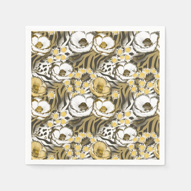Gelbe, weiße Blume auf Tigerhintergrund Serviette (Vorderseite)