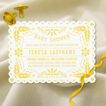 Gelbe, weiße Papel Picado Babydusche geschmiedet