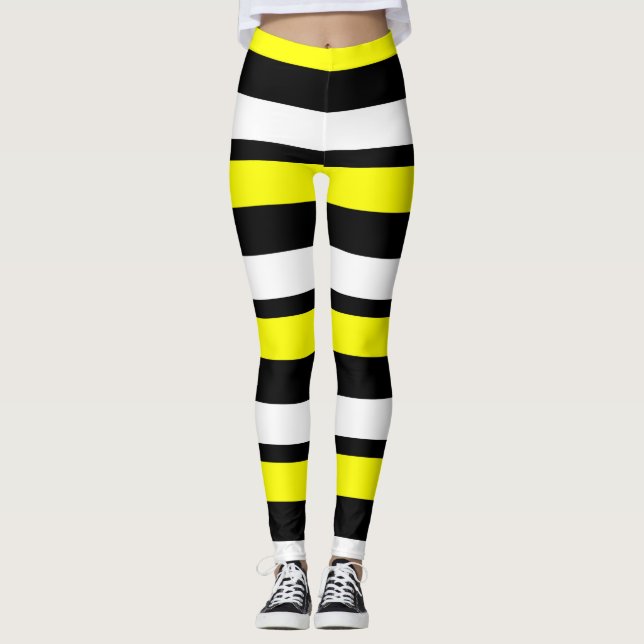 Gelbe, weiße und schwarze, horizontal gestreifte L Leggings (Vorderseite)
