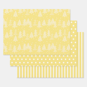 Gelbe weiße Weihnachtsbäume Polka Punkte Streifen Geschenkpapier Set