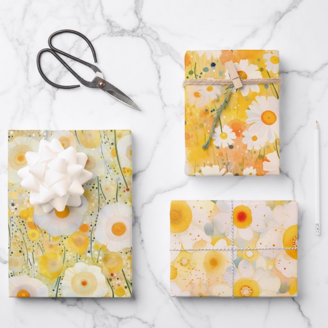 Gelbe Wildblume Blumenmuster Glücklicher Spaß Geschenkpapier Set (Vorderseite)