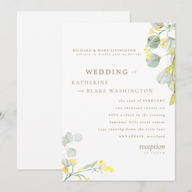 Gelbe Wildblume Eukalyptus-Hochzeit Einladung (Vorne/Hinten)