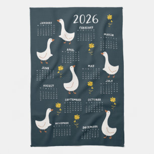 Gelbe Wildblume und Gänse 2026 Kalender - Marine Geschirrtuch