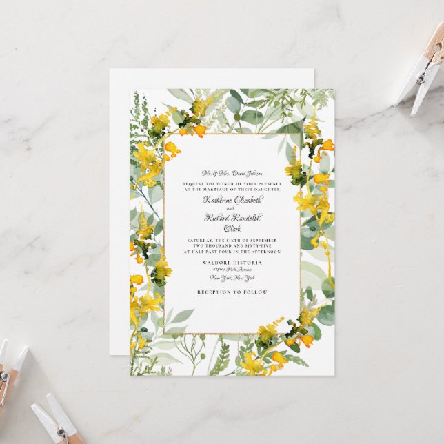 Gelbe Wildblumen Blattweiße Hochzeit Einladung (Vorderseite/Rückseite Beispiel)