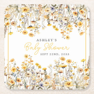 Gelbe Wildblumen Boho Aquarell-Baby-Party Rechteckiger Pappuntersetzer