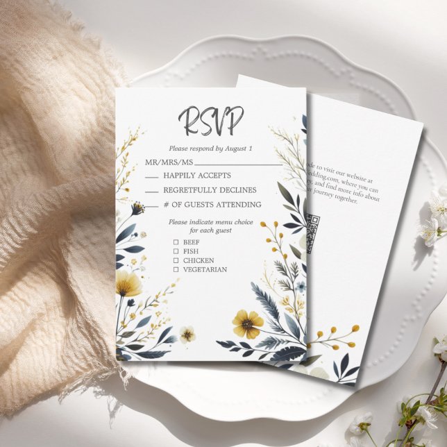 Gelbe Wildblumen Eleganter QR-Code Hochzeit RSVP Karte (Blue Yellow Wildflowers Elegant Wedding RSVP Response Card with QR Code for Wedding Website.)