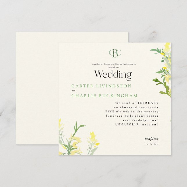 Gelbe Wildblumen Mongram Square Hochzeit Einladung (Vorne/Hinten)