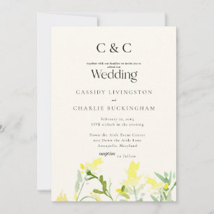Gelbe Wildblumen-Monogramm-Cream-Hochzeit Einladung